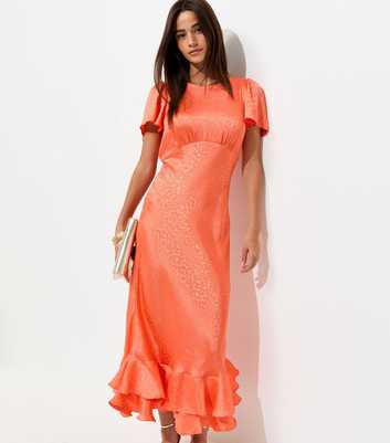 Bright Orange Satin Ruffled Hem Midi Dress