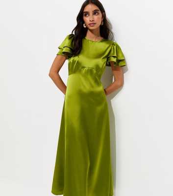Light Green Satin Flutter Sleeve Midi Dress