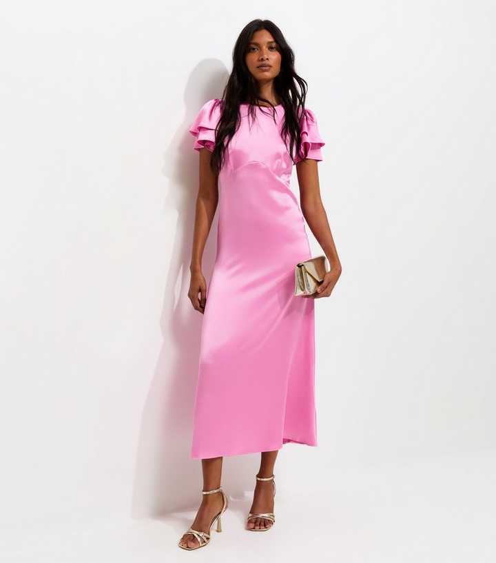 Bright Pink Satin Flutter Sleeve Midi Dress
