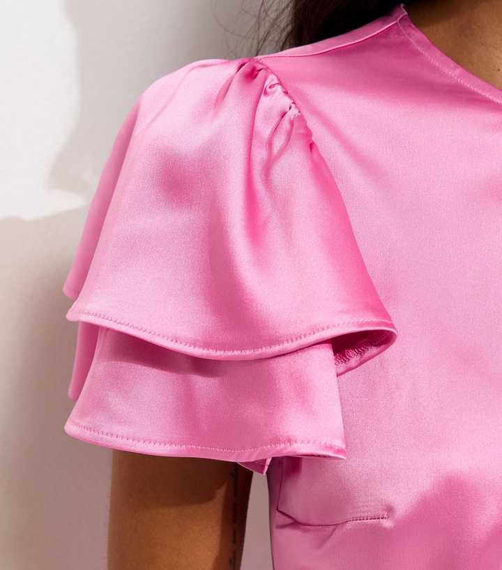 new look ruffle sleeve satin midi dress in pink Bright Pink Satin Flutter Sleeve Midi Dress
