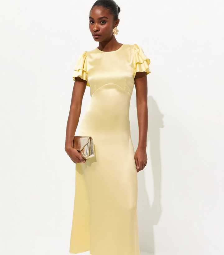 Light Yellow Satin Flutter Sleeve Midi Dress