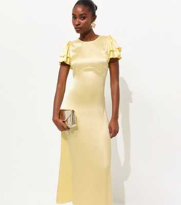 Light Yellow Satin Flutter Sleeve Midi Dress