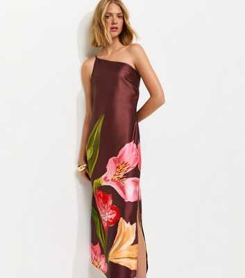 Brown Satin Floral One Shoulder Midi Dress