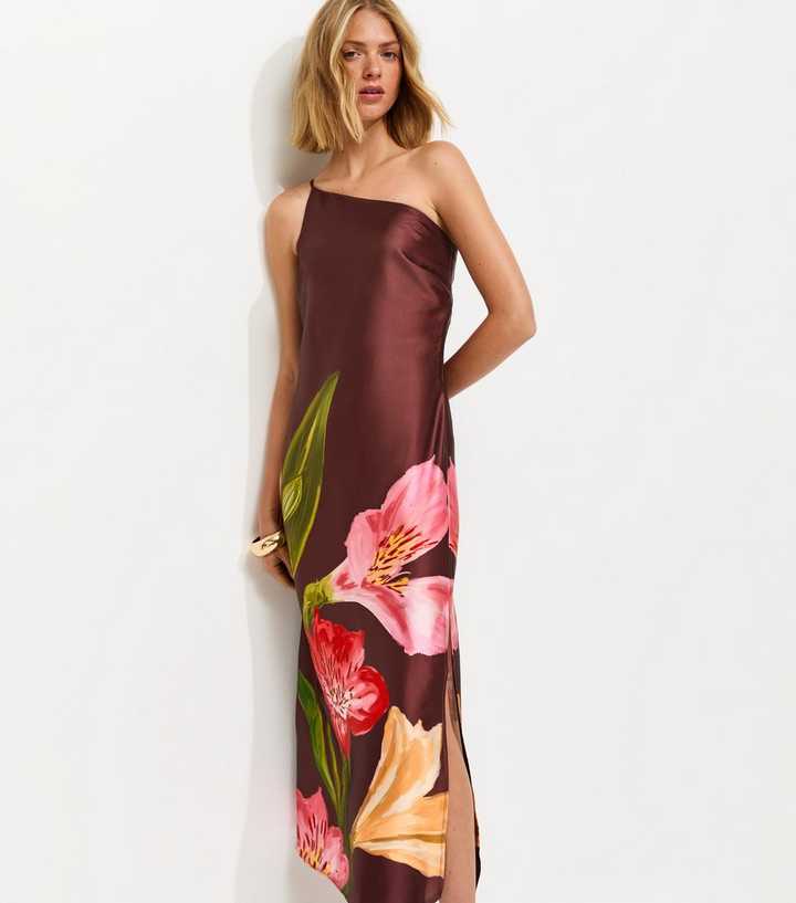Brown Satin Floral One Shoulder Midi Dress