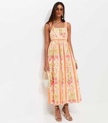 Orange Border Floral Print Midi Dress