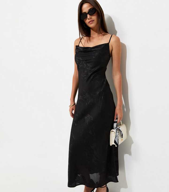 Black Floral Jacquard Cowl Neck Strappy Midi Dress