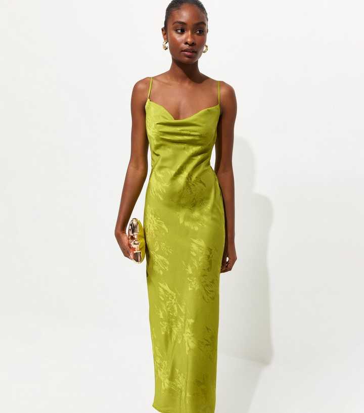Bright Green Floral Jacquard Cowl Neck Strappy Midi Dress