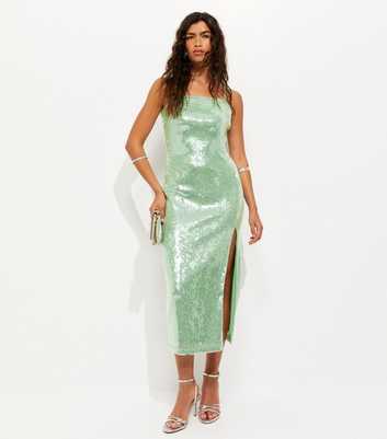 Light Green Sequin Square Neck Midi Dress