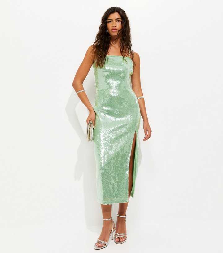 Light Green Sequin Square Neck Midi Dress | New Look