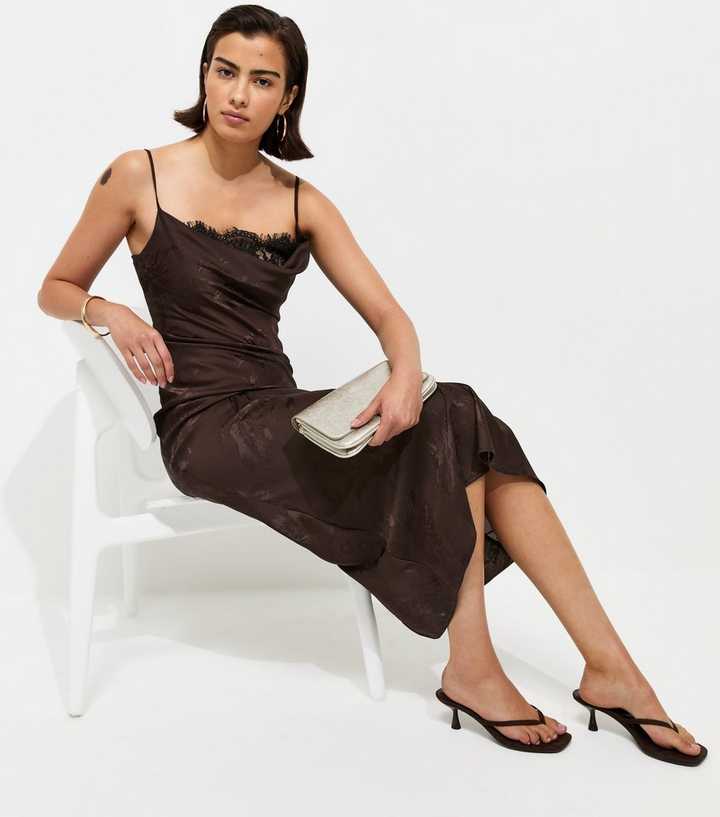 Dark Brown Lace Trim Floral Jacquard Strappy Midi Dress