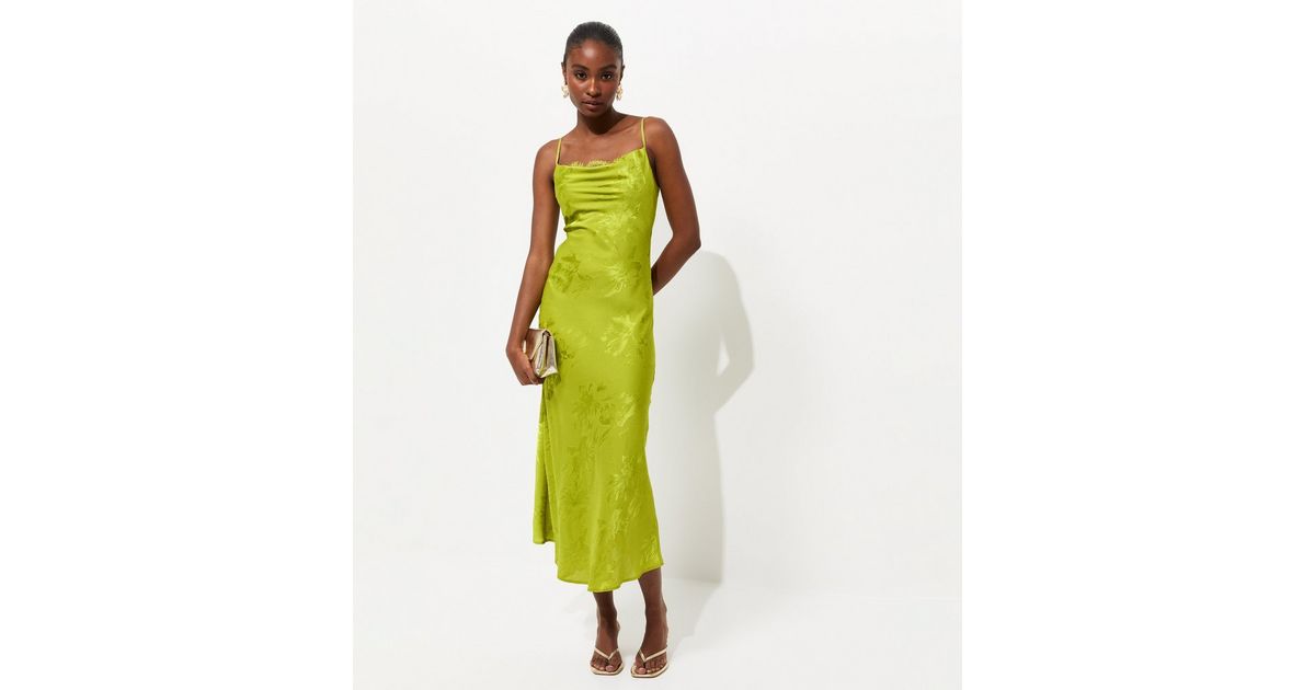 new look green lace dress New Look jacquard lace strappy midi dress in green