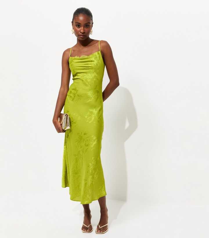 Light Green Lace Trim Floral Jacquard Strappy Midi Dress