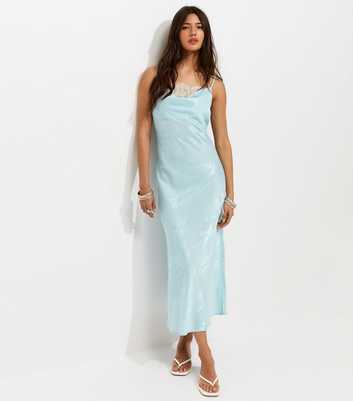 Light Blue Lace Trim Floral Jacquard Strappy Midi Dress