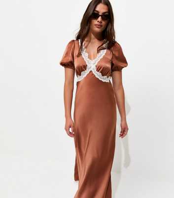 Brown Lace Trim Satin Tea Midi Dress