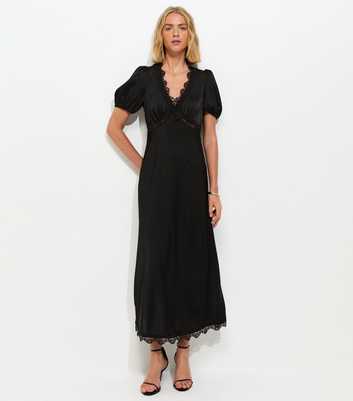 Black Satin Lace Trim Tea Midi Dress