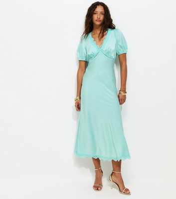 Light Blue Satin Lace Trim Tea Midi Dress