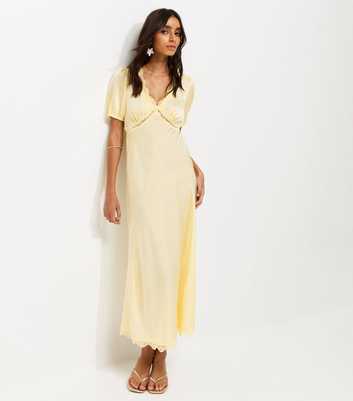 Light Yellow Satin Lace Trim Tea Midi Dress