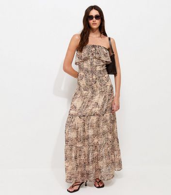 Brown Metallic Leopard Print Halterneck Midi Dress