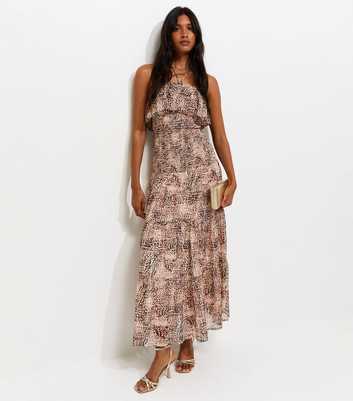 Brown Metallic Leopard Print Halterneck Midi Dress