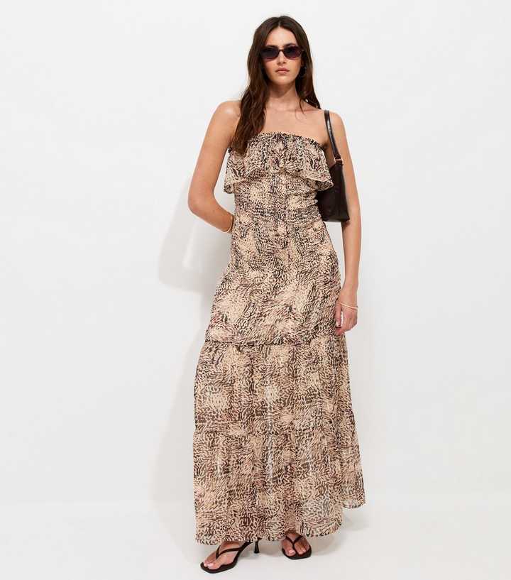 Brown Metallic Leopard Print Halterneck Midi Dress