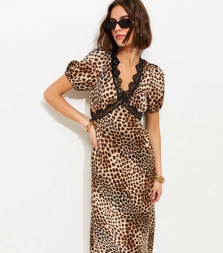 Brown Satin Leopard Print Tea Midi Dress