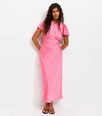 Pink Satin Spot Print Flutter Sleeve Midi Dress