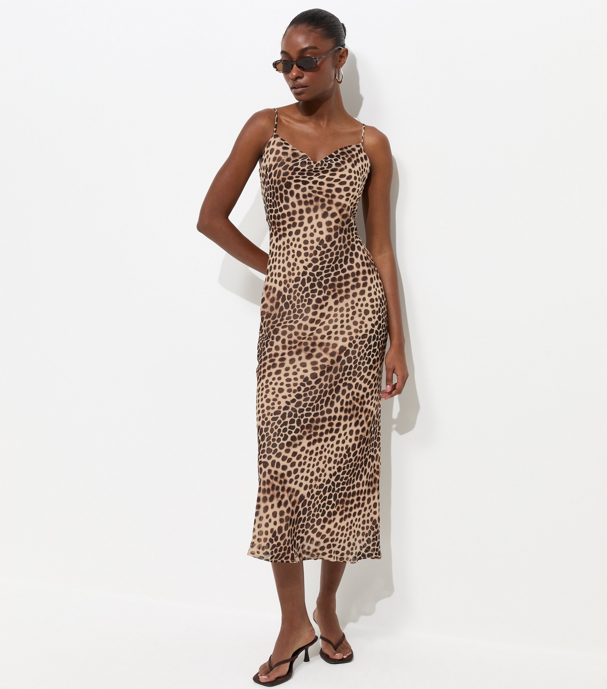Women's Brown Leopard Print Chiffon Strappy Midi Dress New Look