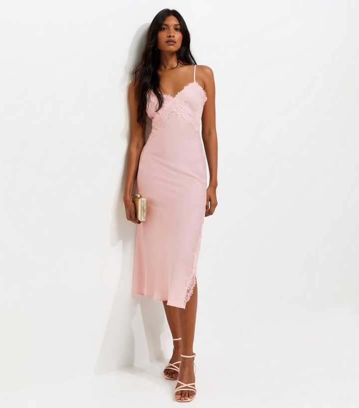 Pale Pink Satin Lace Trim Strappy Midi Dress | New Look