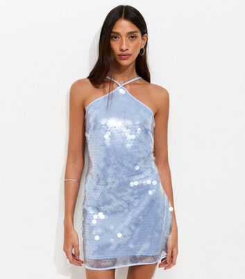 blue sequin dress new look Light Blue Sequin Strappy Tie Back Maxi Dress