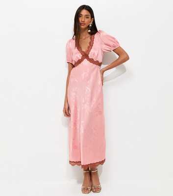 Pink Satin Jacquard Lace Trimmed Midi Dress