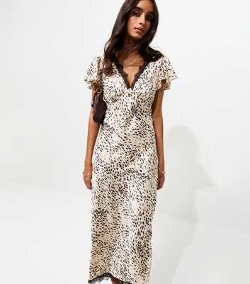 Cream Satin Animal Print Flutter Sleeve Midi Dress