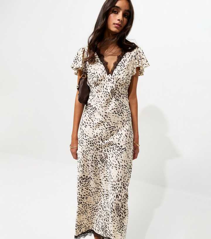 Cream Satin Animal Print Flutter Sleeve Midi Dress