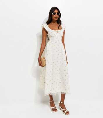 Cream Rose Print Milkmaid Midi Dress