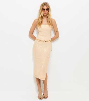 Cream Sequinned Bandeau Midi Dress
