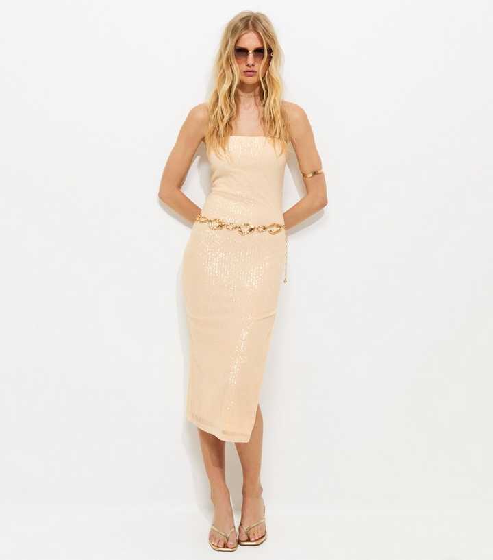 Cream Sequinned Bandeau Midi Dress