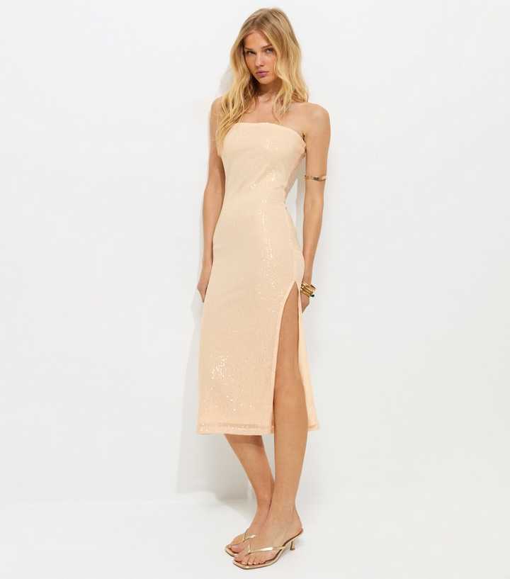 Cream Sequinned Bandeau Midi Dress | New Look