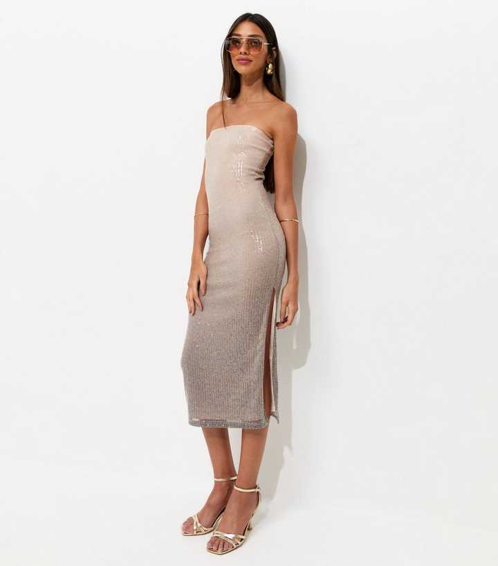Mink Sequinned Bandeau Midi Dress