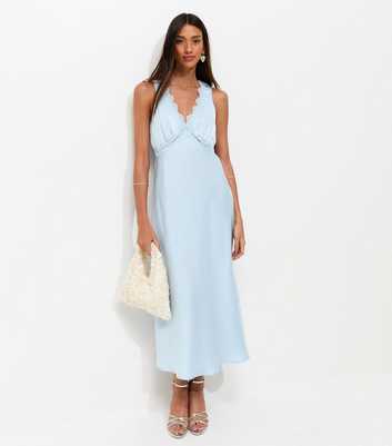 Blue Satin Lace Trimmed V-Neck Midi Dress