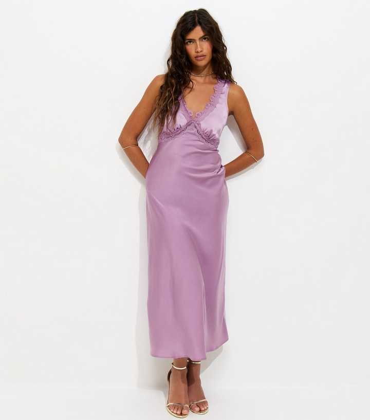 Lilac Satin Lace Trimmed V-Neck Midi Dress