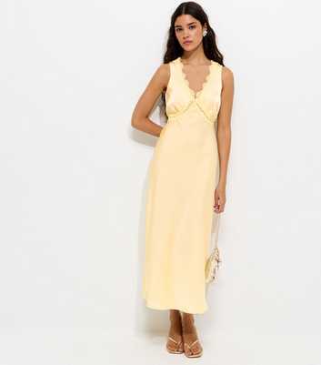 Yellow Satin Lace Trimmed V-Neck Midi Dress