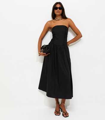 Black Cotton Ruched Bandeau Midi Dress