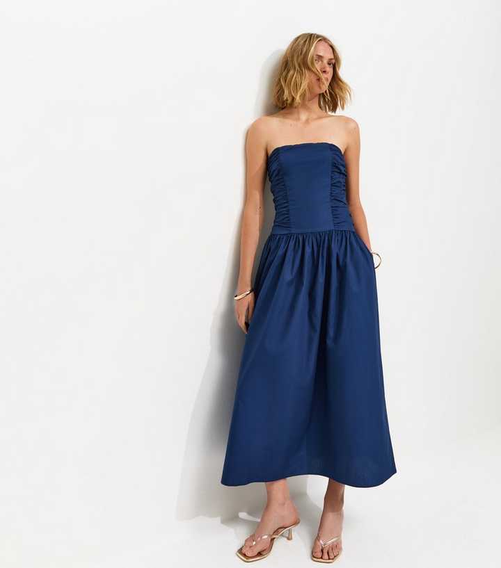 Navy Cotton Ruched Bandeau Midi Dress