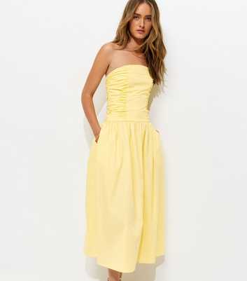 Light Yellow Bandeau Ruched A Line Midi Dress