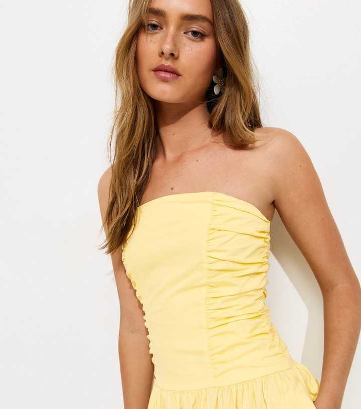 Light Yellow Bandeau Ruched A Line Midi Dress | New Look
