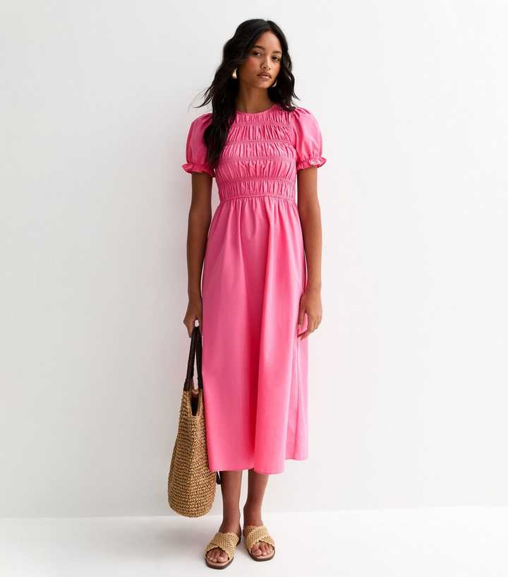 Bright Pink Shirred Poplin Midi Dress