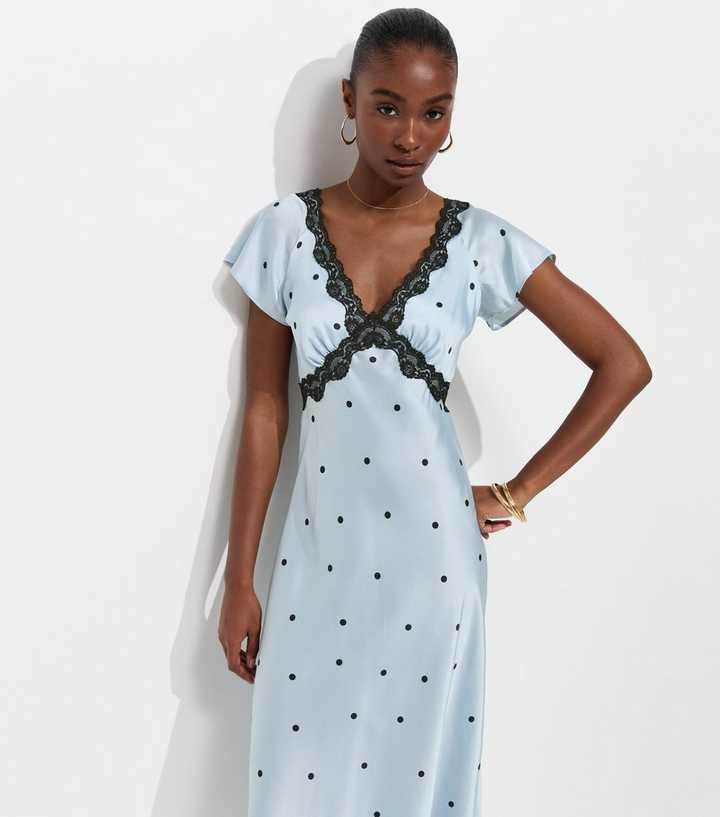 blue satin polka dot dress Satin Short Sleeves Blue and White A Line Maxi Polka Dot Dress with Sash
