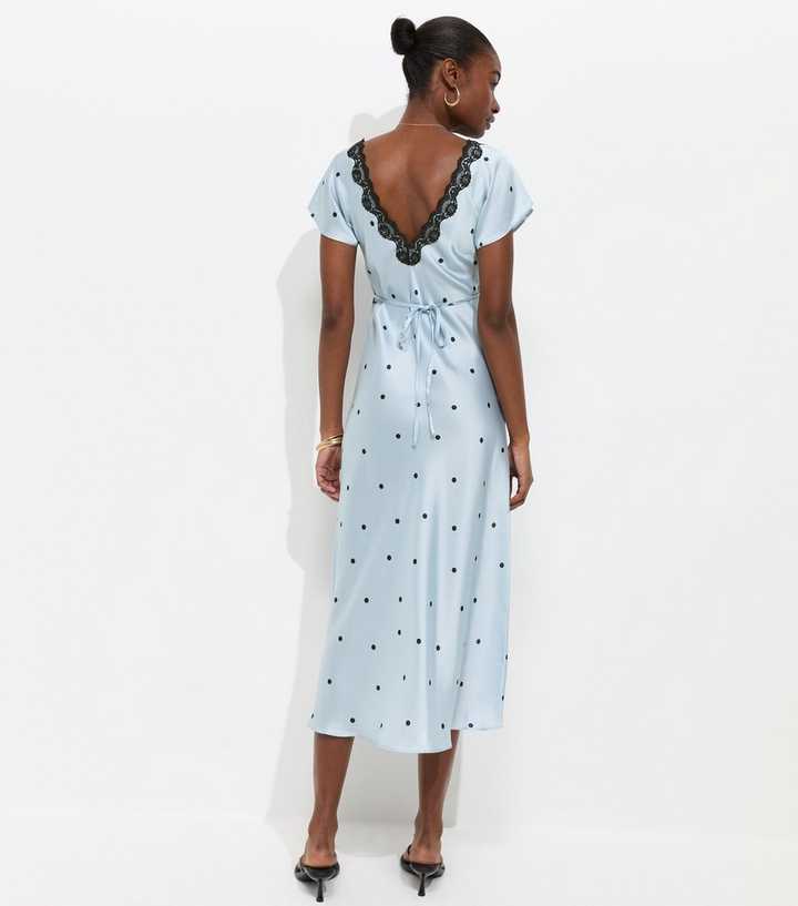 Blue Satin Polka Dot Lace Trim Midi Dress | New Look