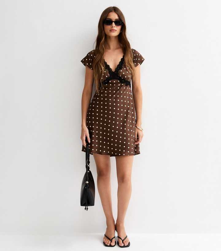 Dark Brown Satin Polka Dot Scalloped Trim Mini Dress | New Look