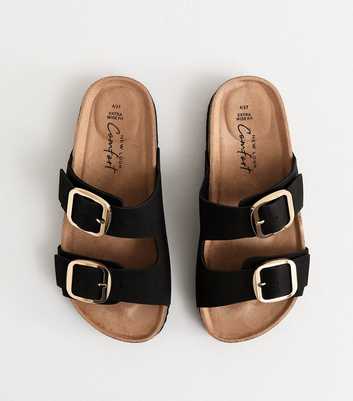 Extra Wide Fit Black Cork Sole Double Strap Mule Sandals