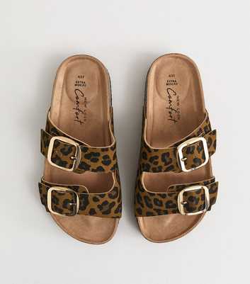 Extra Wide Fit Brown Leopard Print Cork Sole Double Strap Mule Sandals